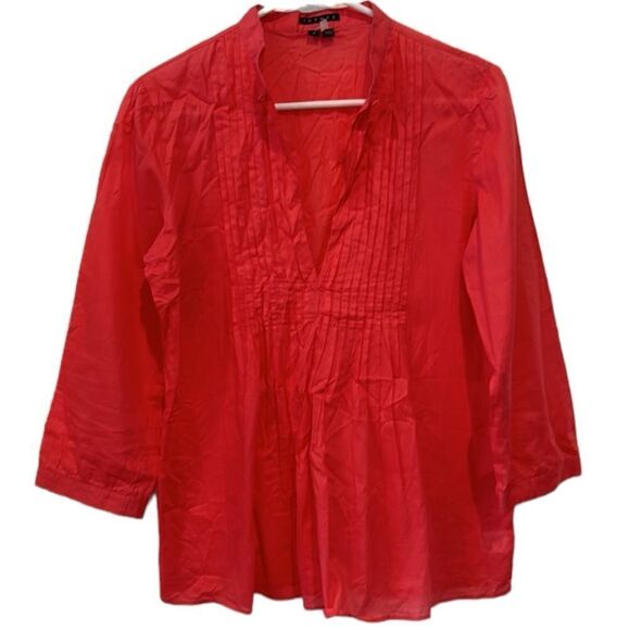 Theory 100% cotton pleaded tuck front coral tunic blouse, size medium - Picture 1 of 10